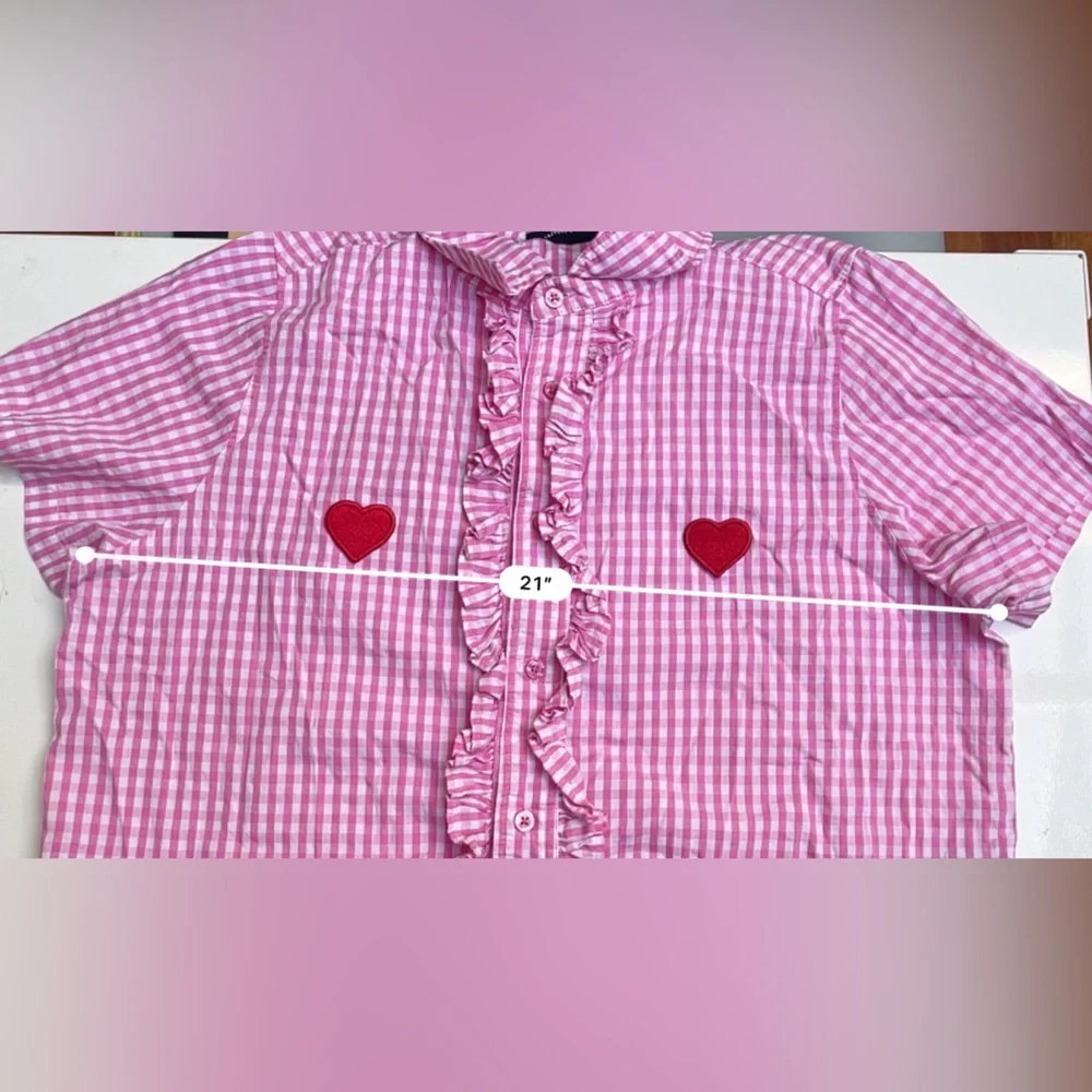 LAZY OAF gingham pink with hearts button up cropped shirt | SIZE L - Picture 6 of 9